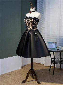 Picture of Charming Black Color Satin with Lace Applique Homecoming Dresses, Knee Length Prom Dresses